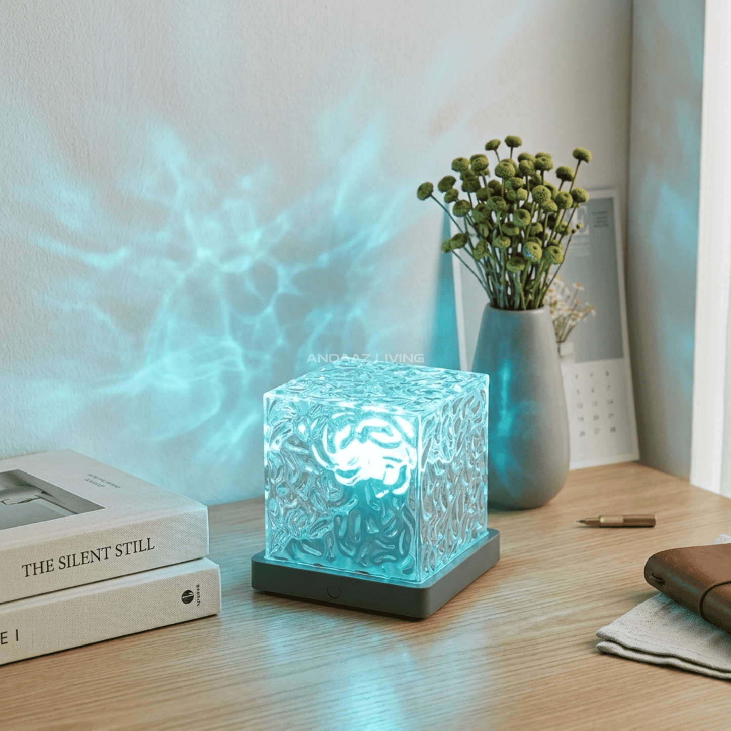 16-Color LED Crystal Cube Lamp with Remote – Water Ripple Ambient Light, RGB Touch Table Lamp with Wooden Base (USB Powered)