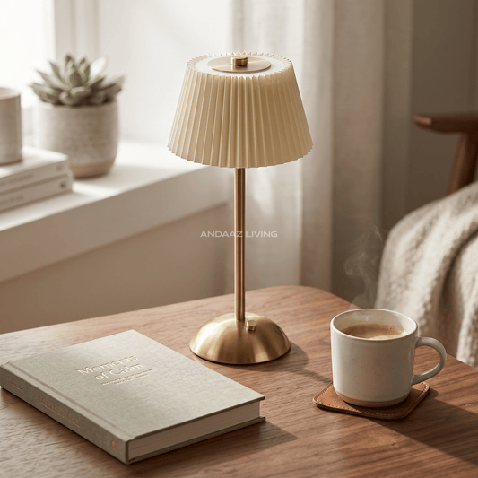 Modern Nordic Table Lamp – Gold Metal Base with Pleated Fabric Shade (Warm Ambient Lighting)