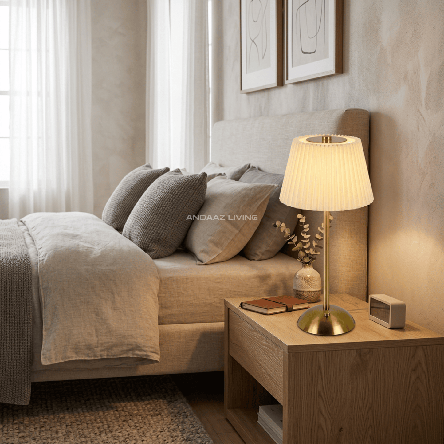 Modern Nordic Table Lamp – Gold Metal Base with Pleated Fabric Shade (Warm Ambient Lighting)