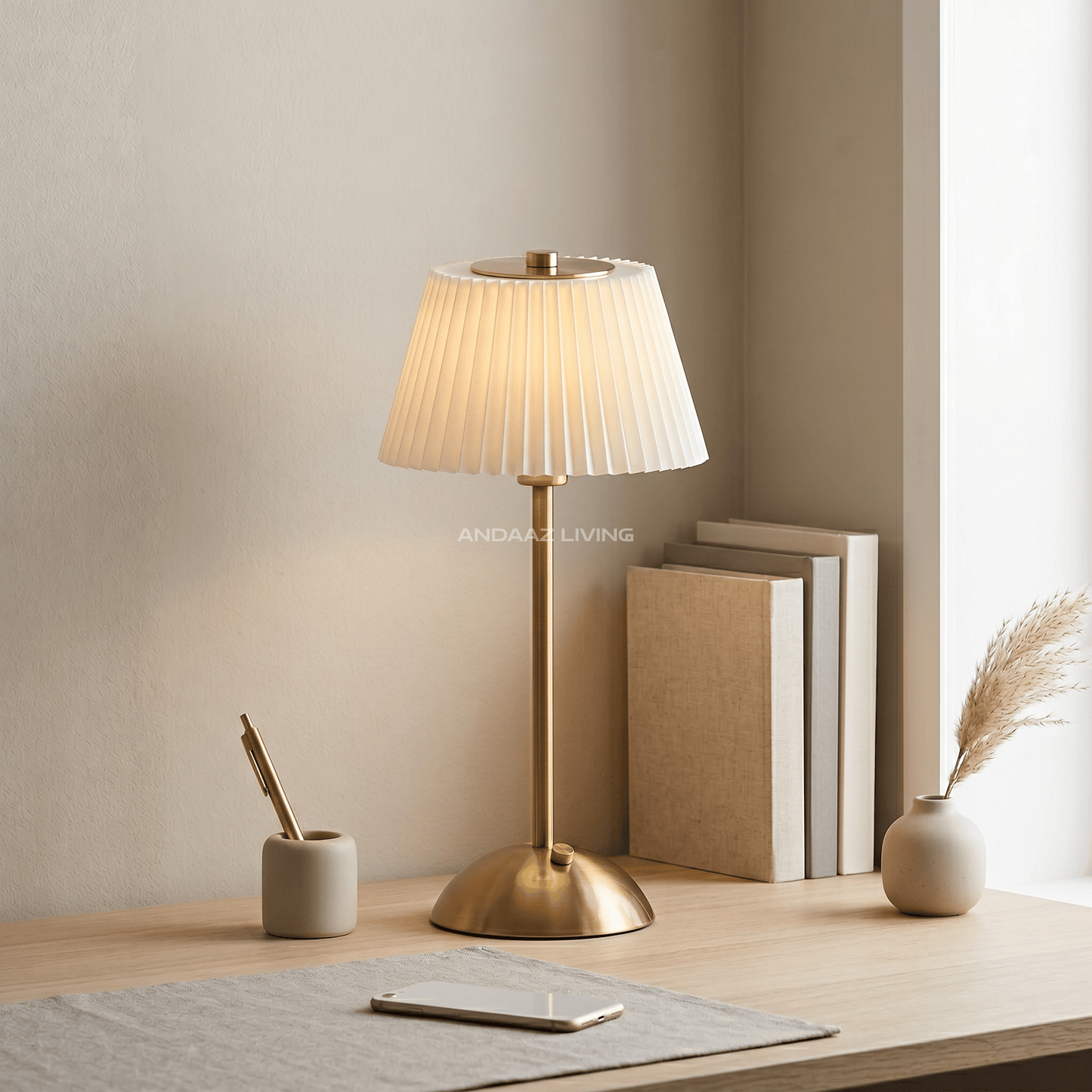 Modern Nordic Table Lamp – Gold Metal Base with Pleated Fabric Shade (Warm Ambient Lighting)