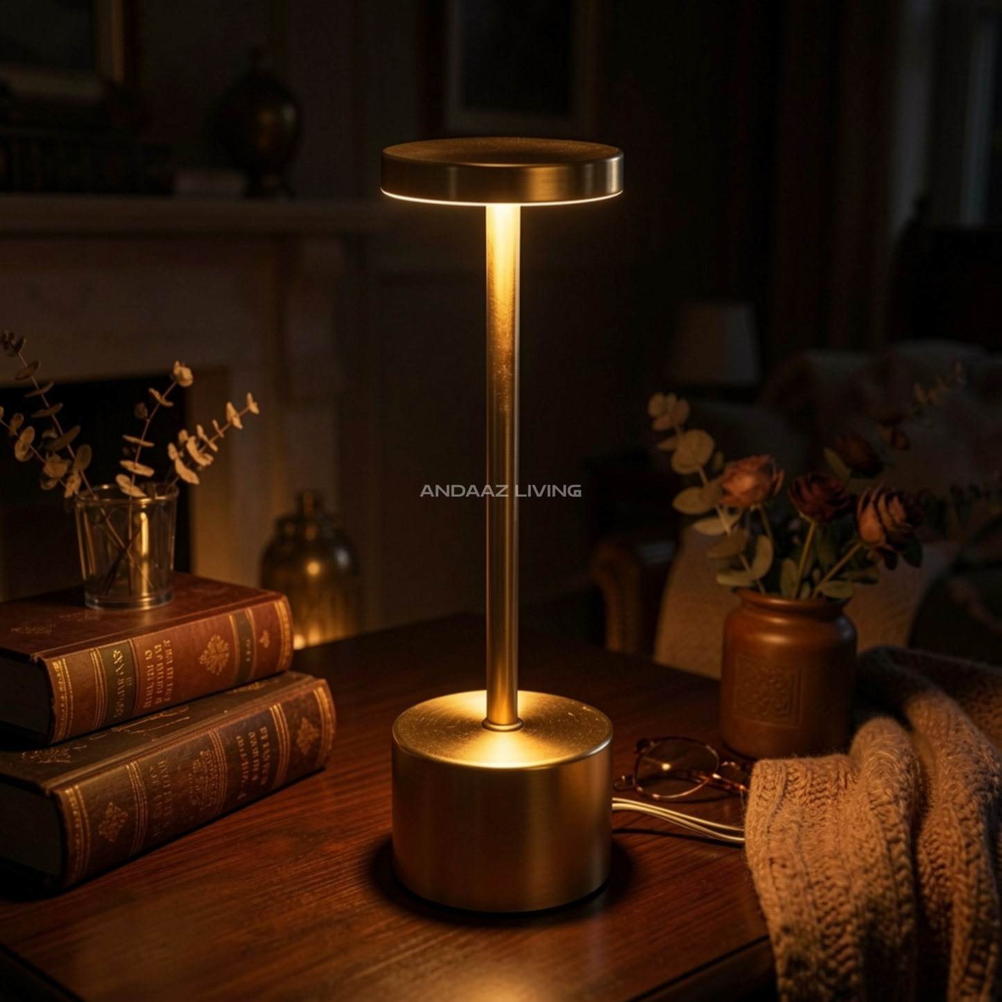 Modern Gold Touch Sensor LED Table Lamp – USB Rechargeable, 3 Light Modes, Dimmable, Cordless Night Lamp for Bedroom, Living Room & Restaurants