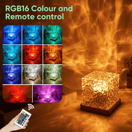 16-Color LED Crystal Cube Lamp with Remote – Water Ripple Ambient Light, RGB Touch Table Lamp with Wooden Base (USB Powered)