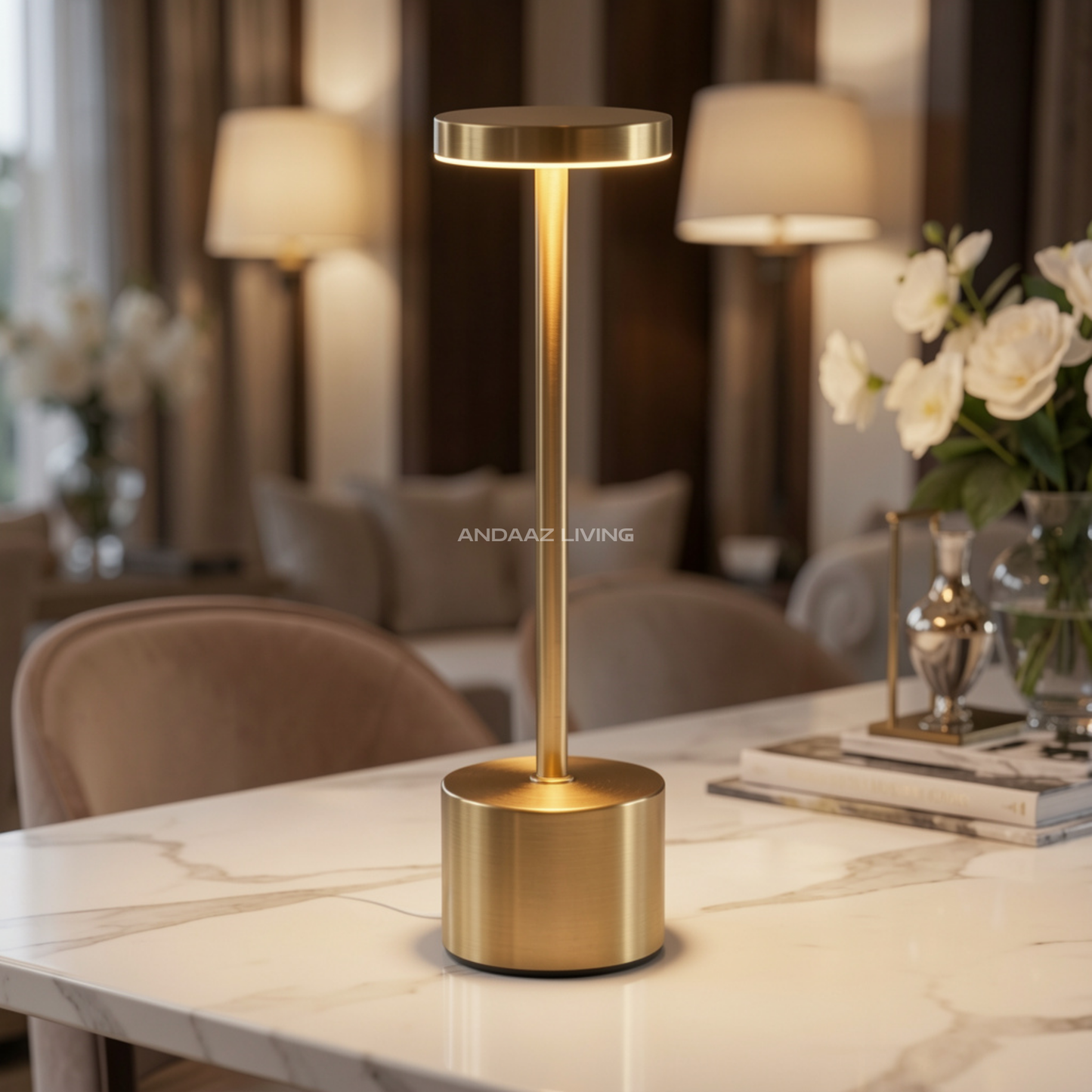 Modern Gold Touch Sensor LED Table Lamp – USB Rechargeable, 3 Light Modes, Dimmable, Cordless Night Lamp for Bedroom, Living Room & Restaurants