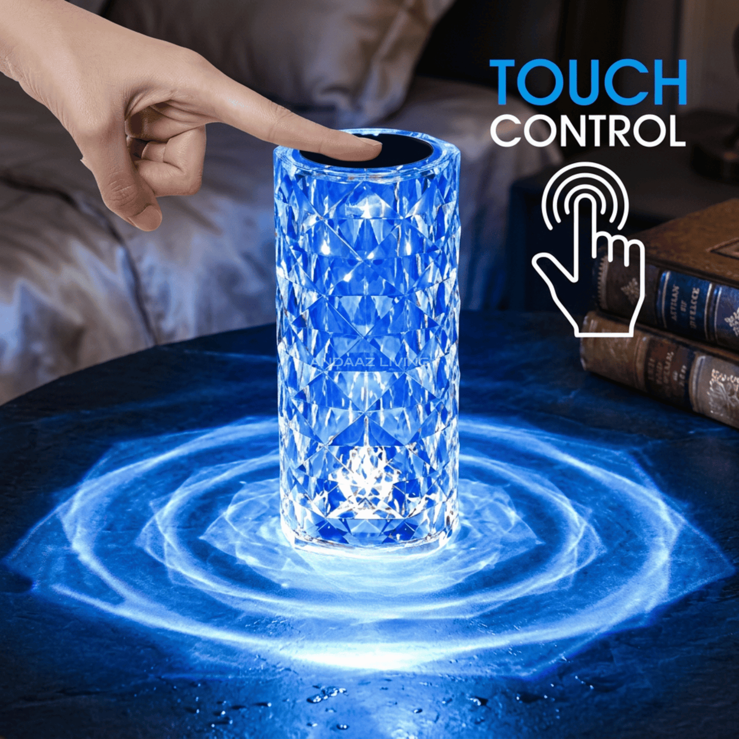 Rose Crystal Diamond Table Lamp – 16 Color LED Night Light with Remote & Touch Control | Rechargeable Modern Bedside Lamp