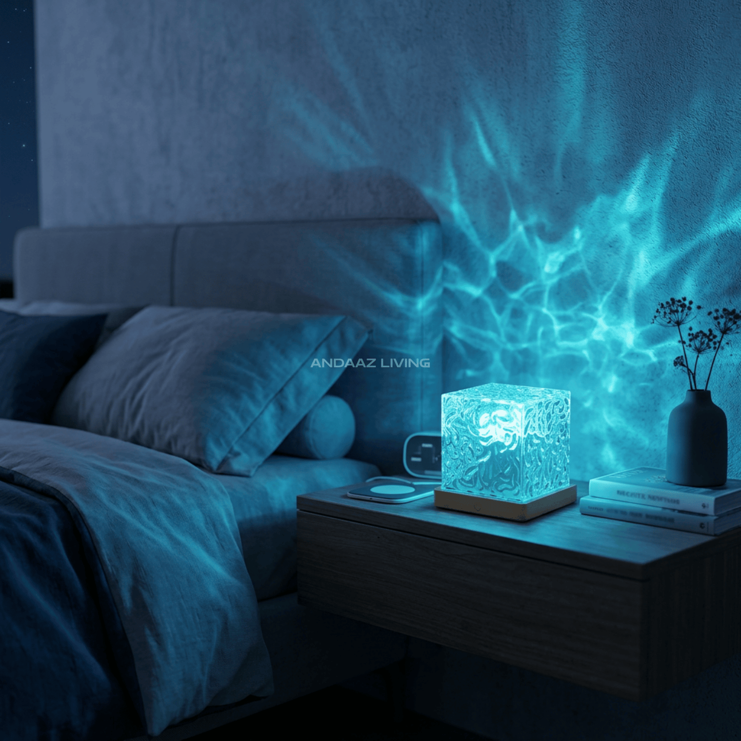 16-Color LED Crystal Cube Lamp with Remote – Water Ripple Ambient Light, RGB Touch Table Lamp with Wooden Base (USB Powered)