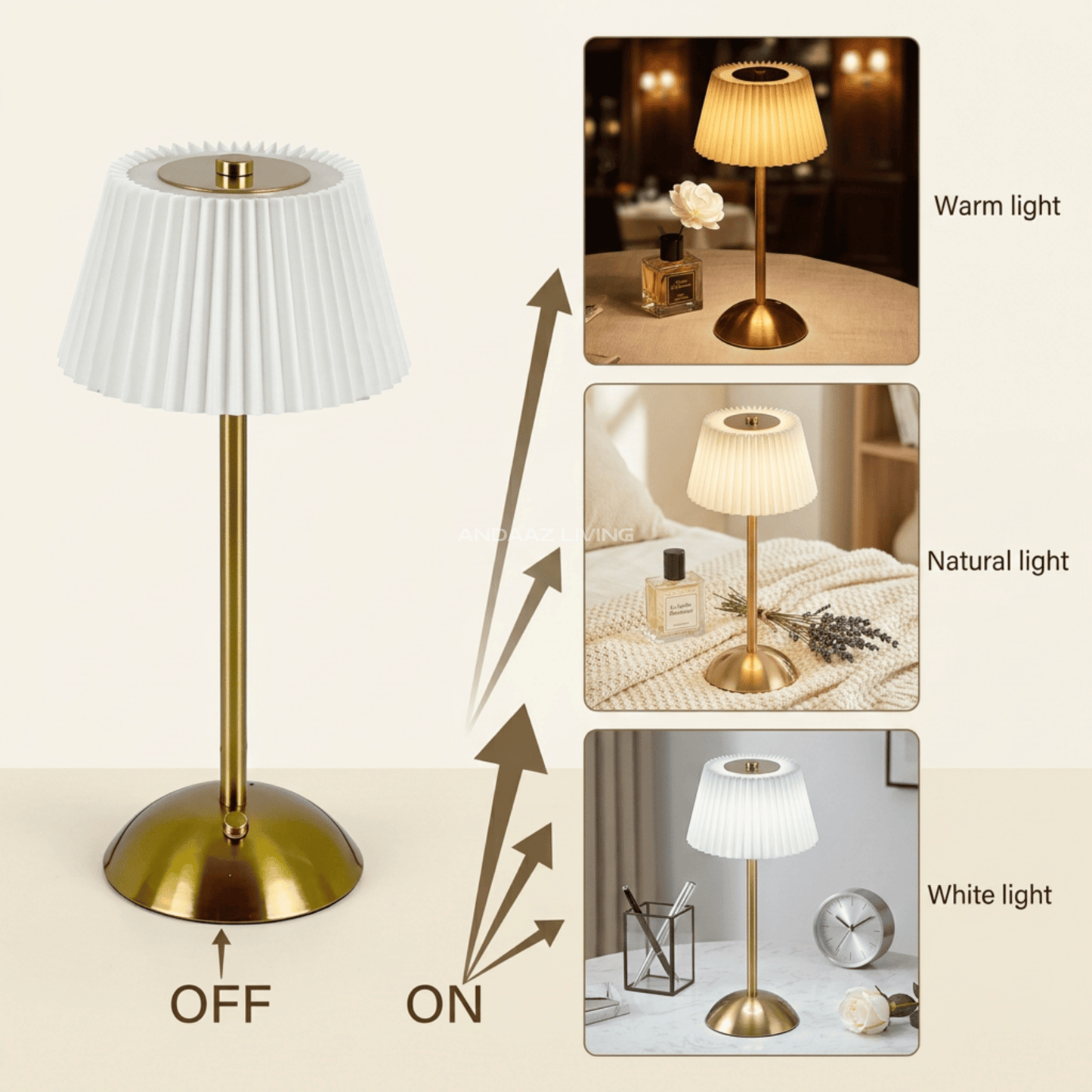 Modern Nordic Table Lamp – Gold Metal Base with Pleated Fabric Shade (Warm Ambient Lighting)