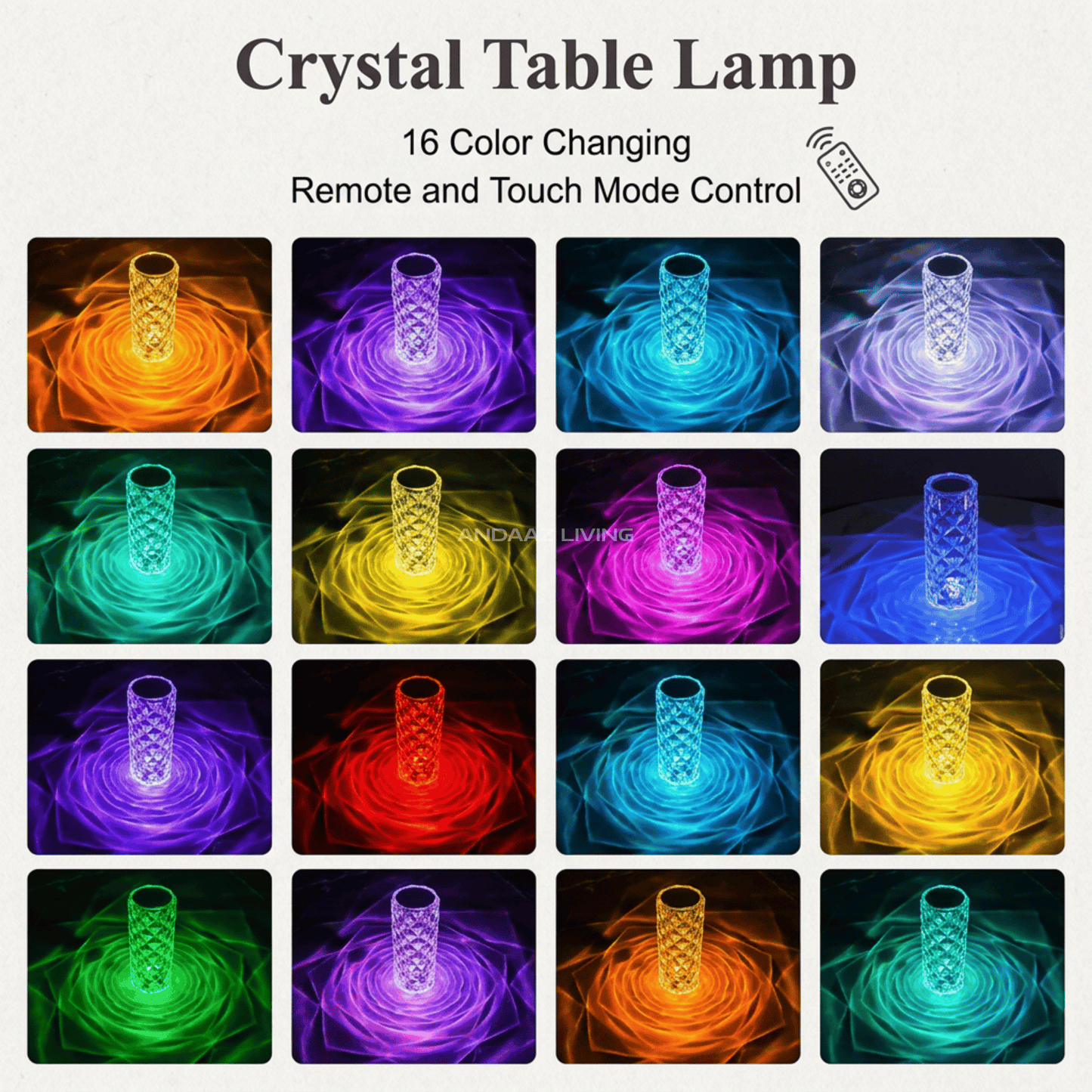 Rose Crystal Diamond Table Lamp – 16 Color LED Night Light with Remote & Touch Control | Rechargeable Modern Bedside Lamp