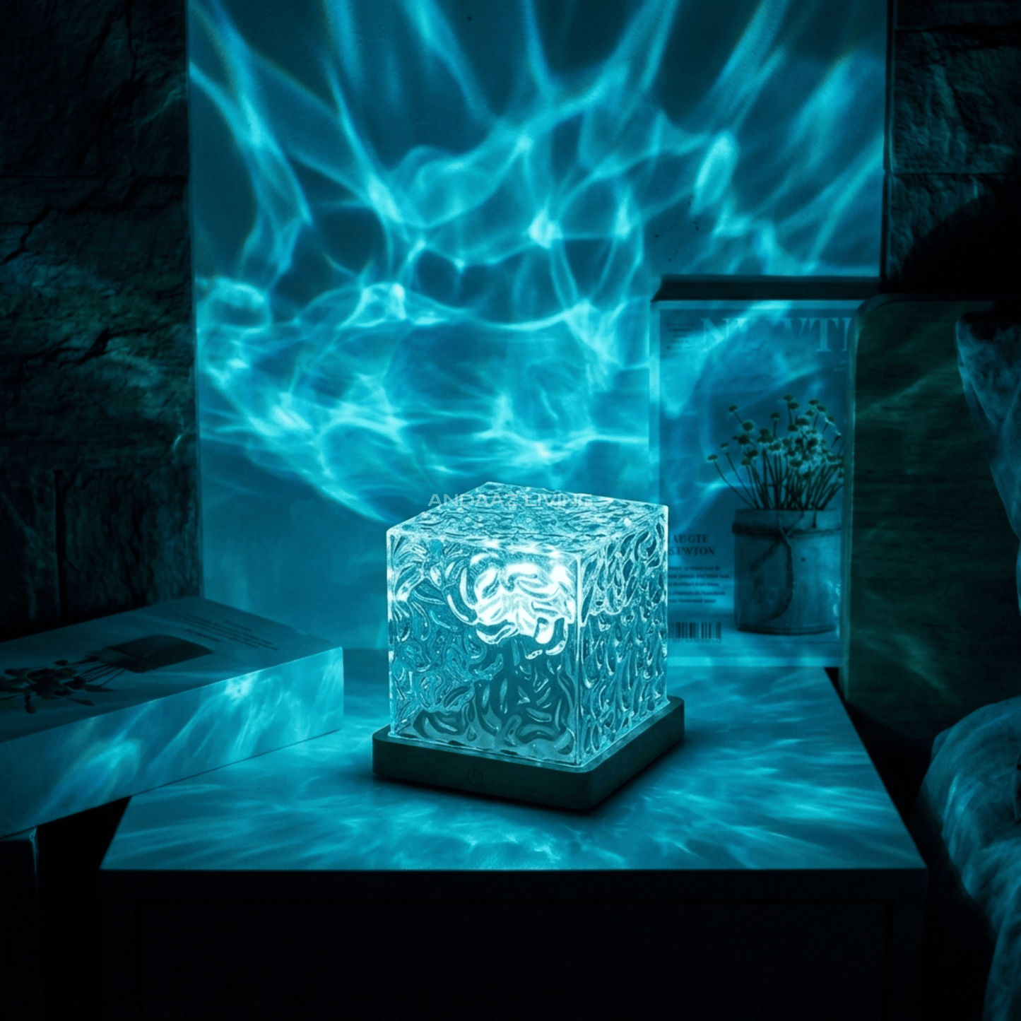 16-Color LED Crystal Cube Lamp with Remote – Water Ripple Ambient Light, RGB Touch Table Lamp with Wooden Base (USB Powered)